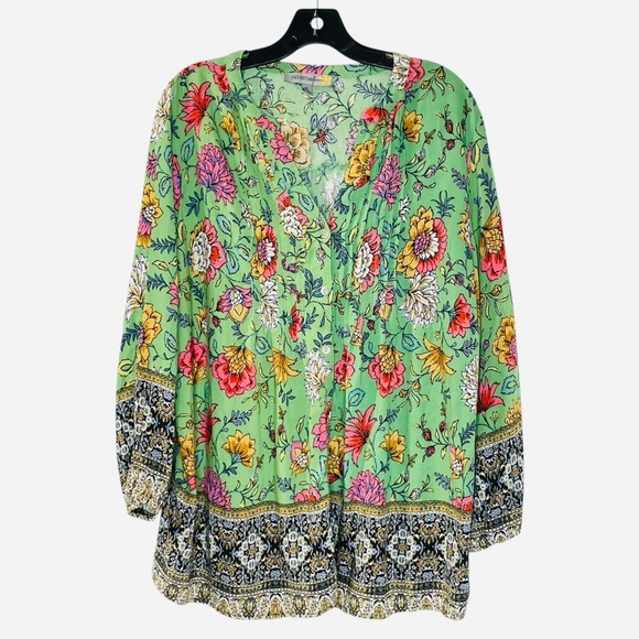 FIGUEROA & Flower Floral bohemian pleated blouse size XL. Green with pink white - Picture 2 of 11